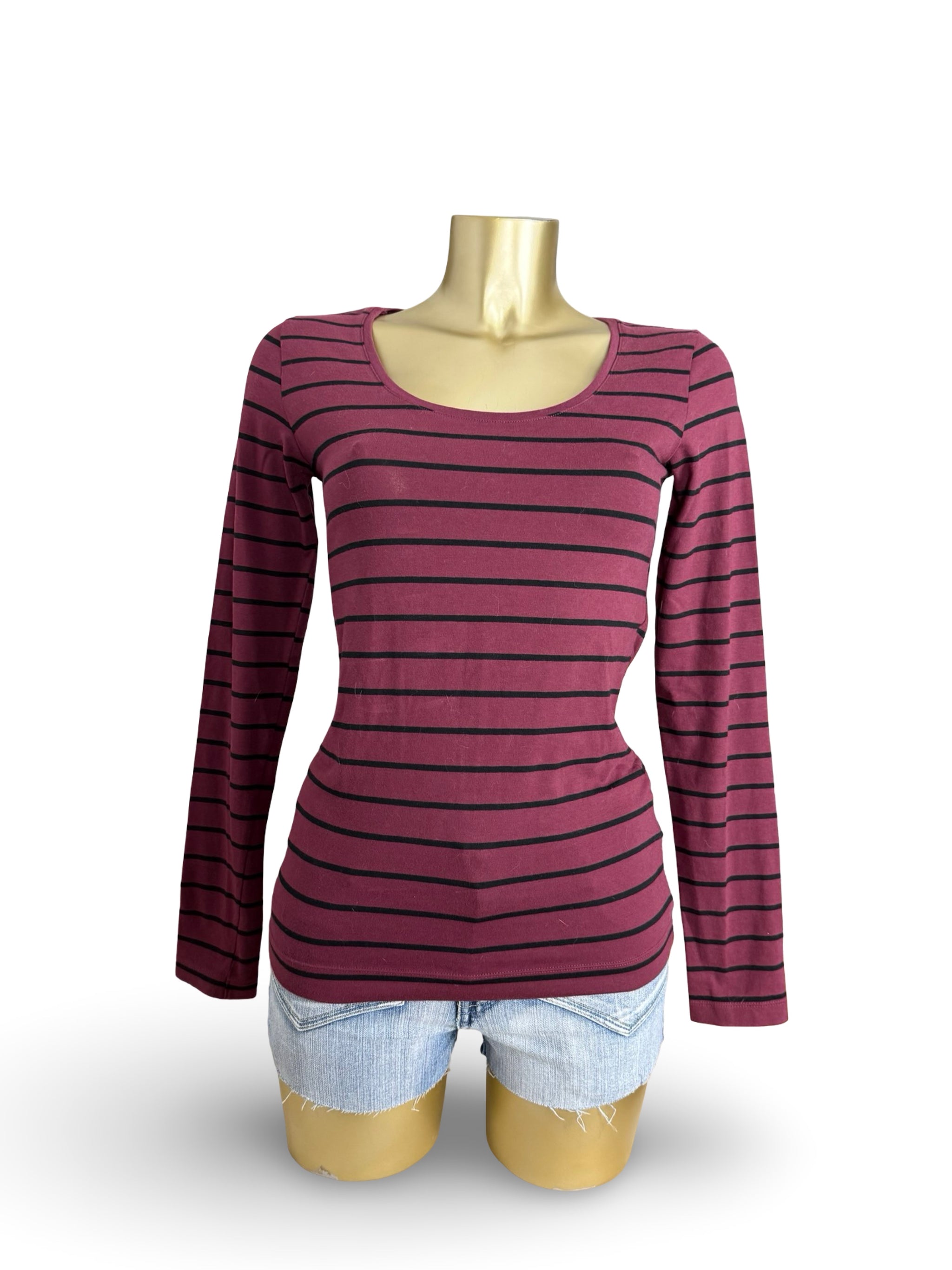 Burgundy striped 100% cotton long sleeves top (M)