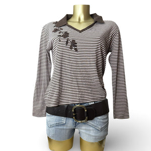 Beige & brown polo neck striped long sleeves top (XL)