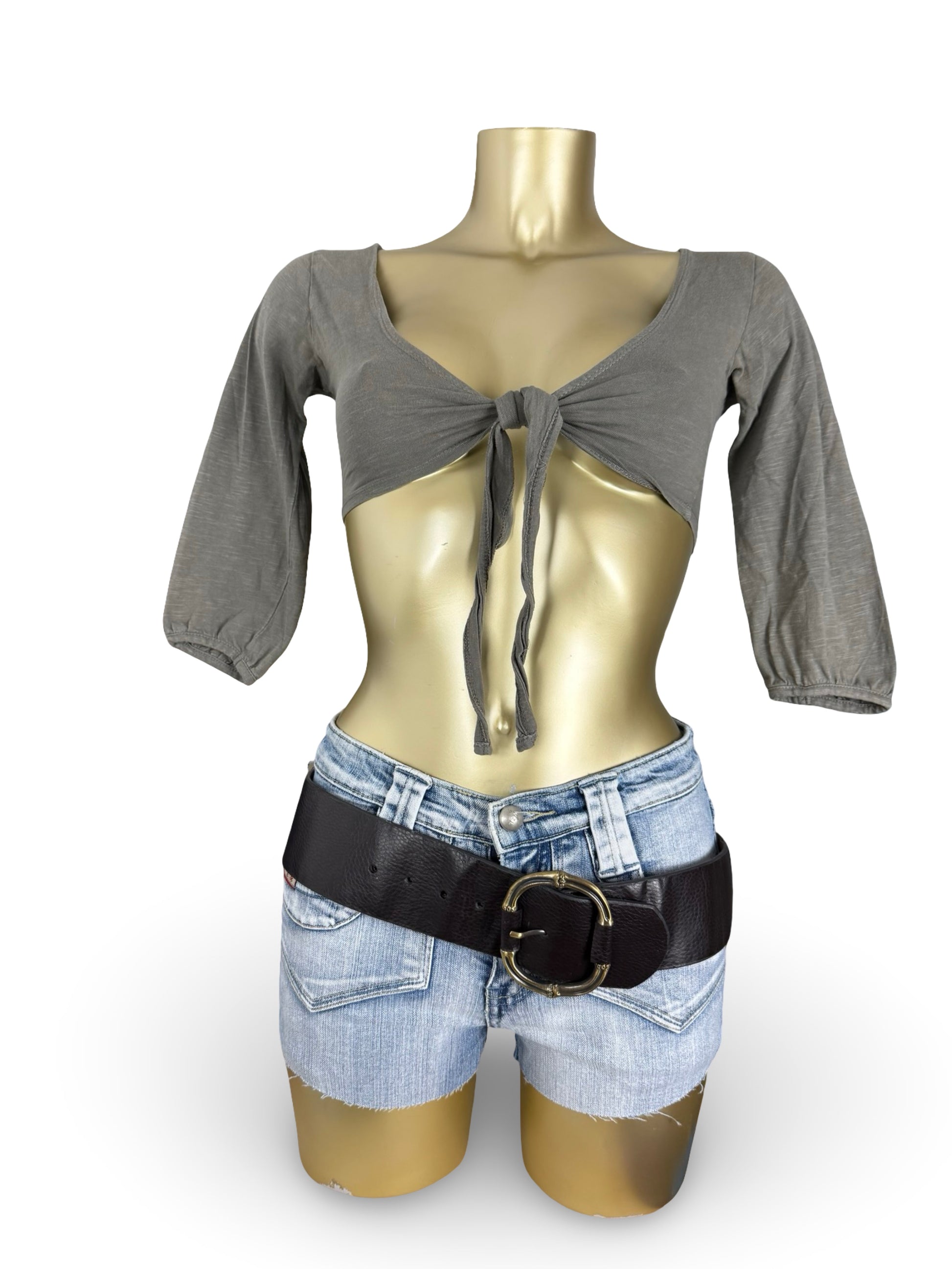 Khaki cotton tie up crop bolero long sleeves top (XS)