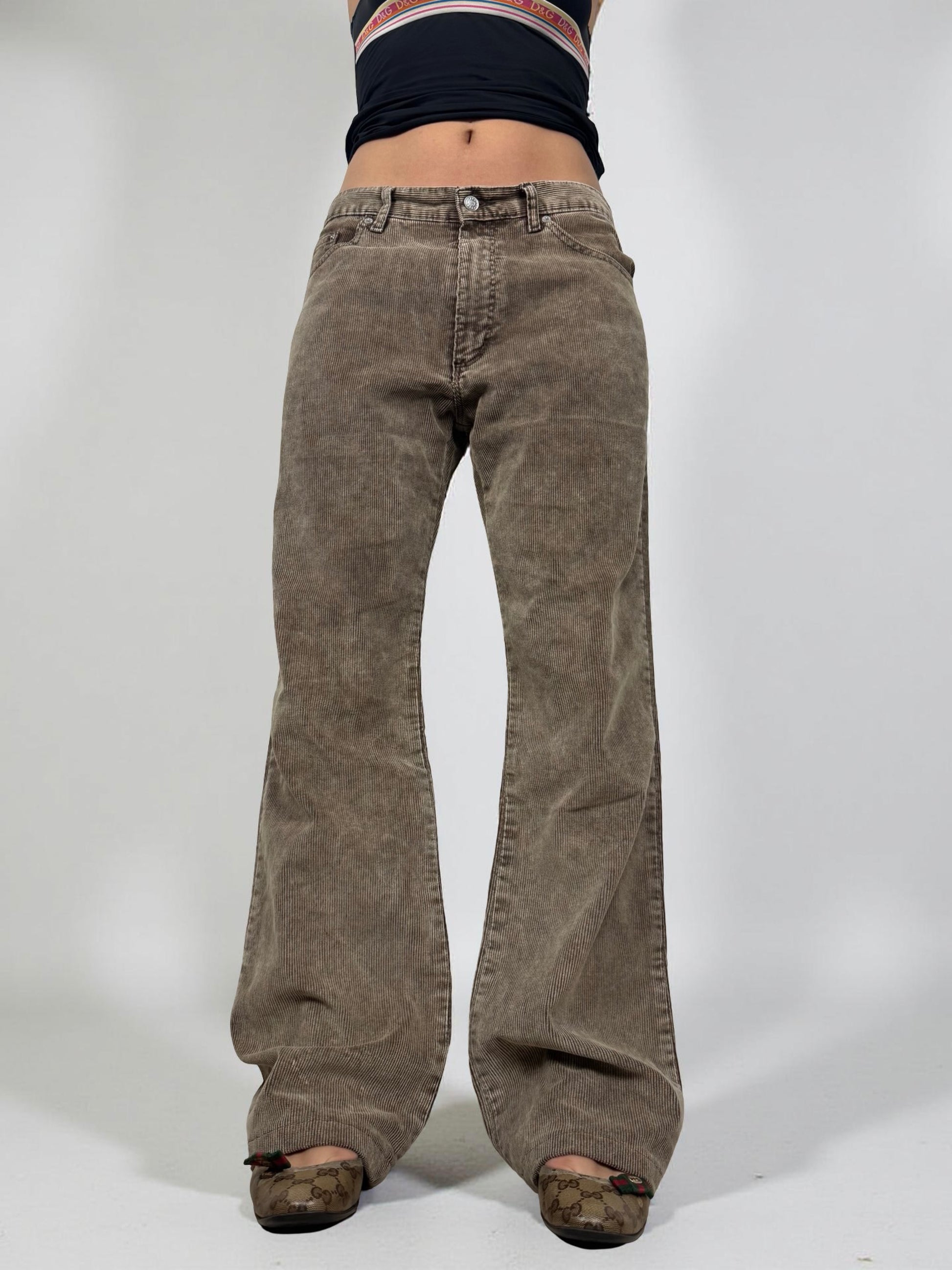 Beige ribbed velvet denim low rise baggy pants (XL)