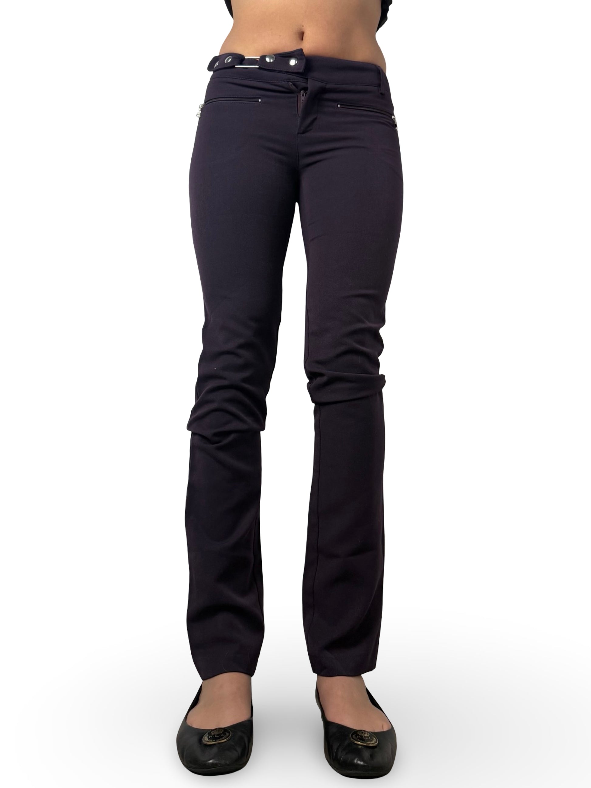 Purple stretchy low mid rise skinny belt pants (XS)