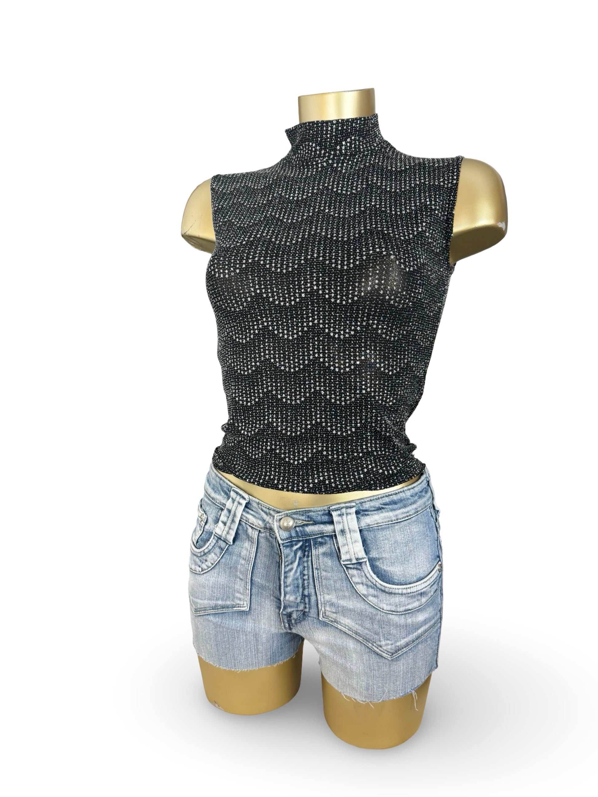 Black silver graphic high neck top (M)