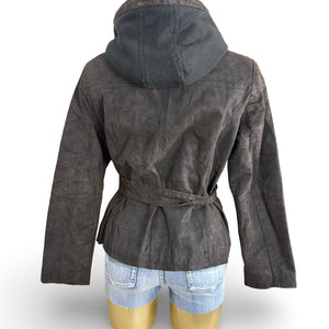 Brown real suede leather hooded biker jacket (S)
