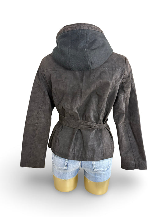 Brown real suede leather hooded biker jacket (S)