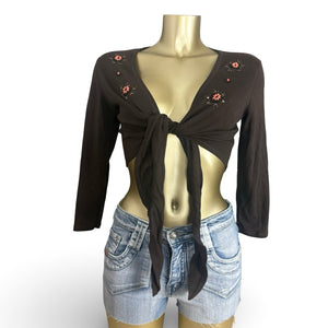 Brown tie up cotton long sleeves pearls bolero top (M)
