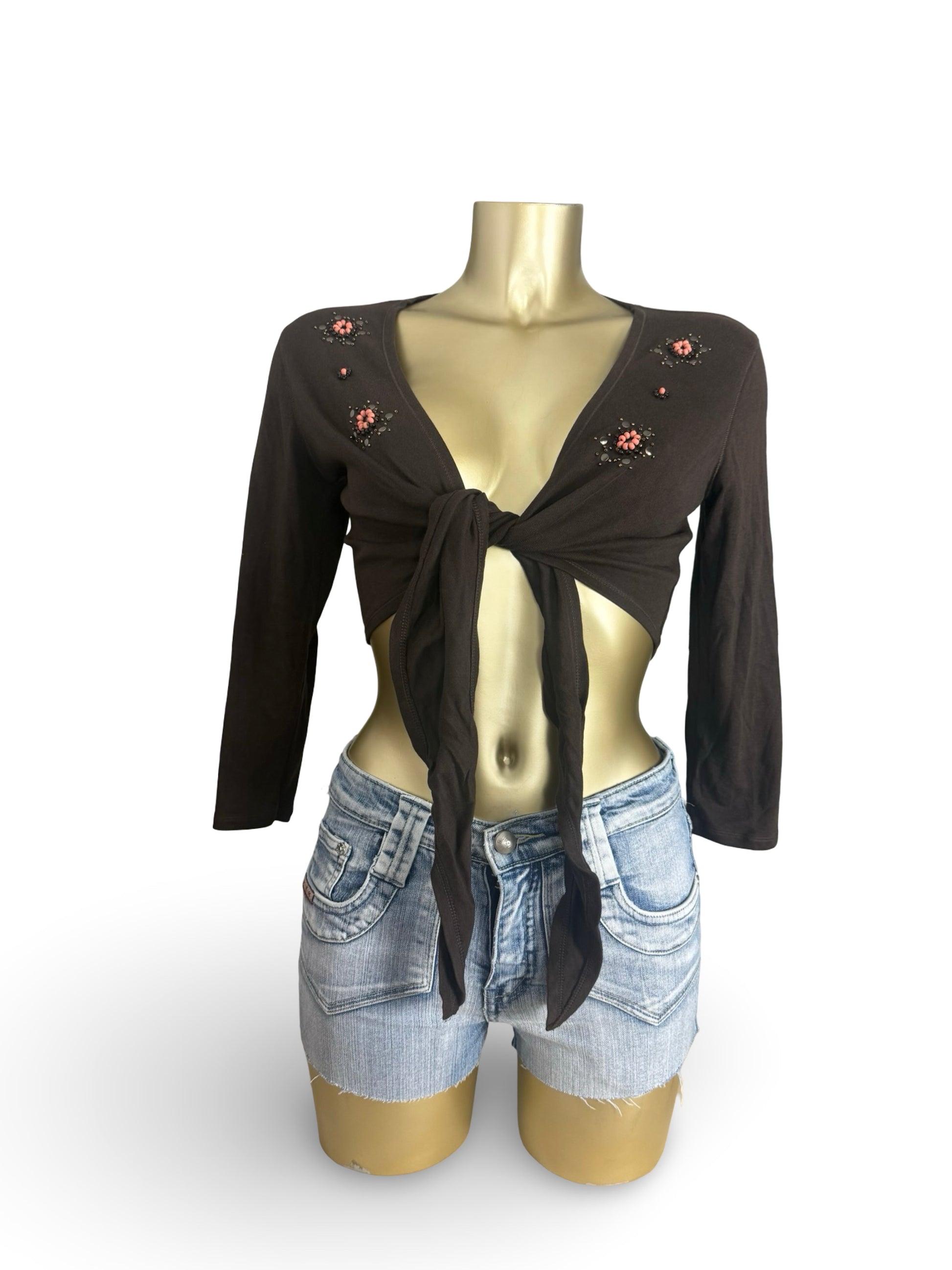 Brown tie up cotton long sleeves pearls bolero top (M)