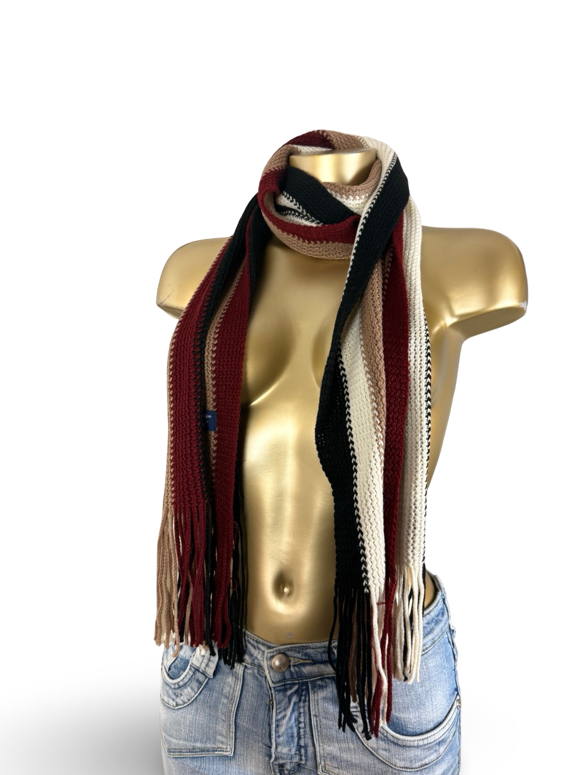 Beige striped knitted winter scarf