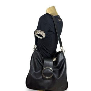 Black pvc leather gold buckle besace shoulder bag (30x32cm)