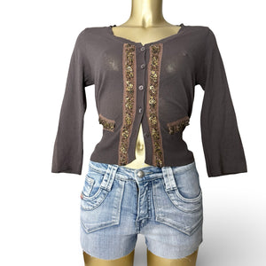 Brown pearls buttons up cardigan jumper (M)