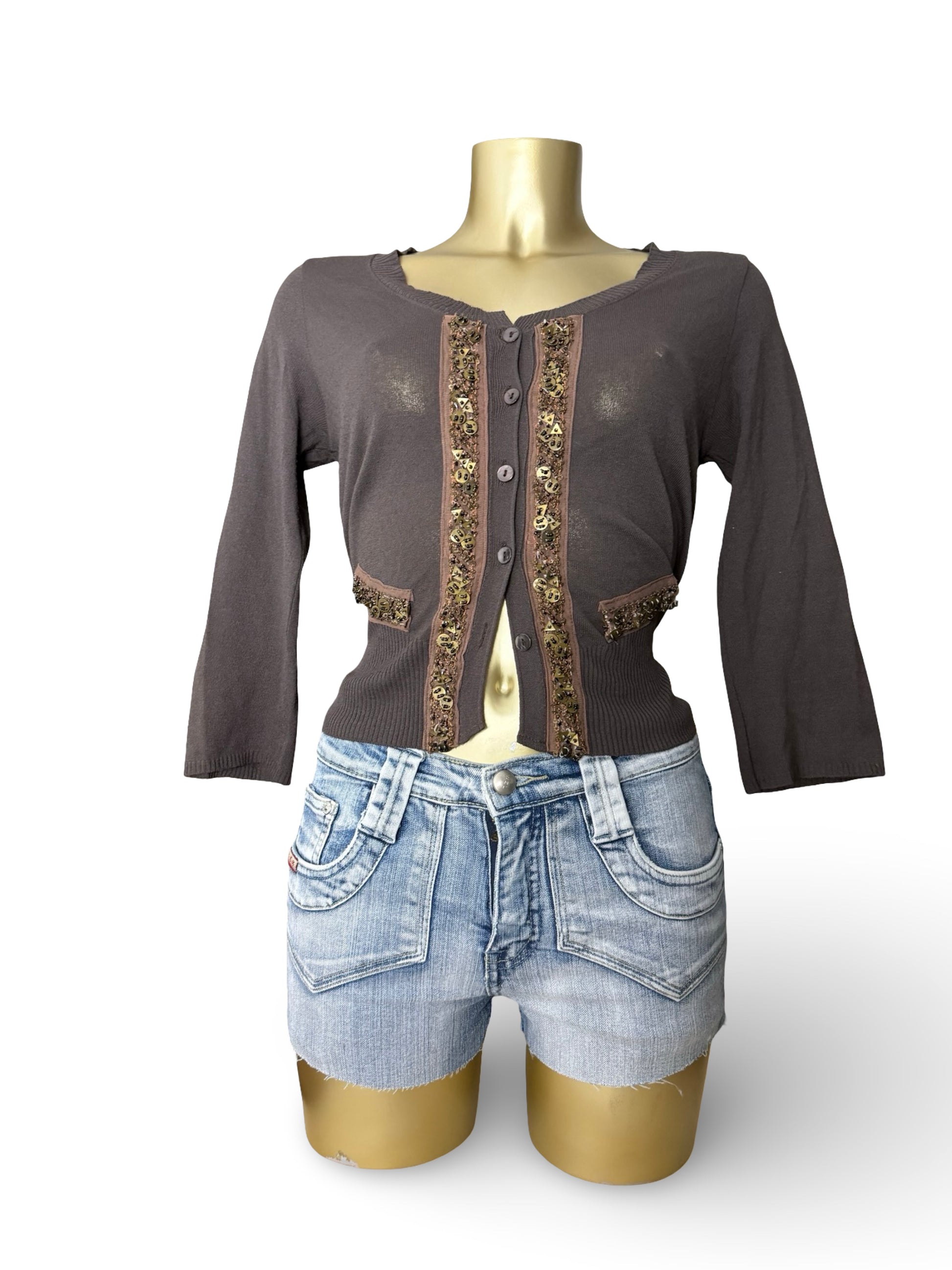 Brown pearls buttons up cardigan jumper (M)