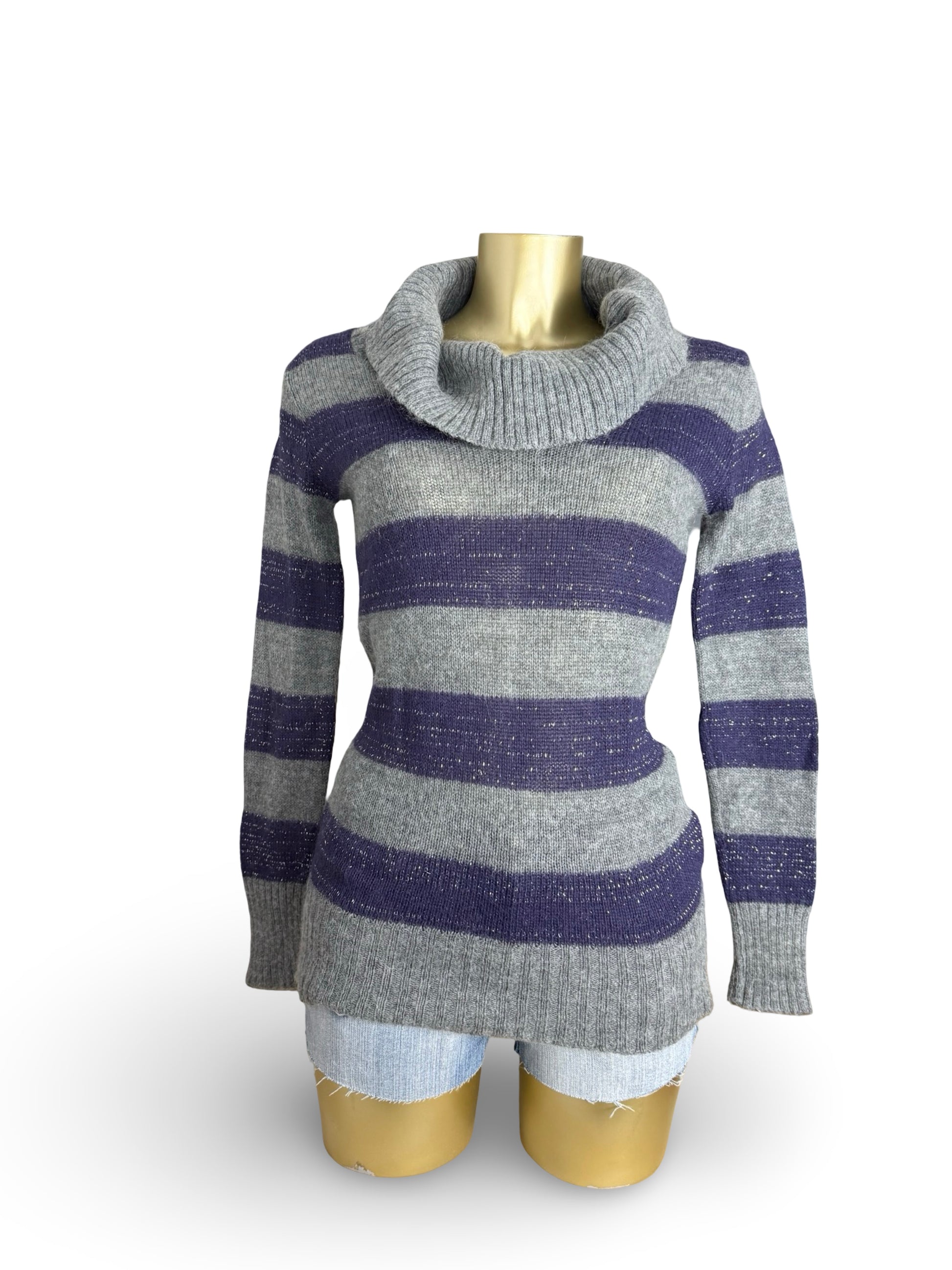 Grey & purple striped wool turtleneck jumper (S/M)