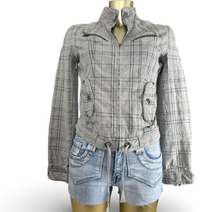 Brown check print tight fit biker jacket (S)