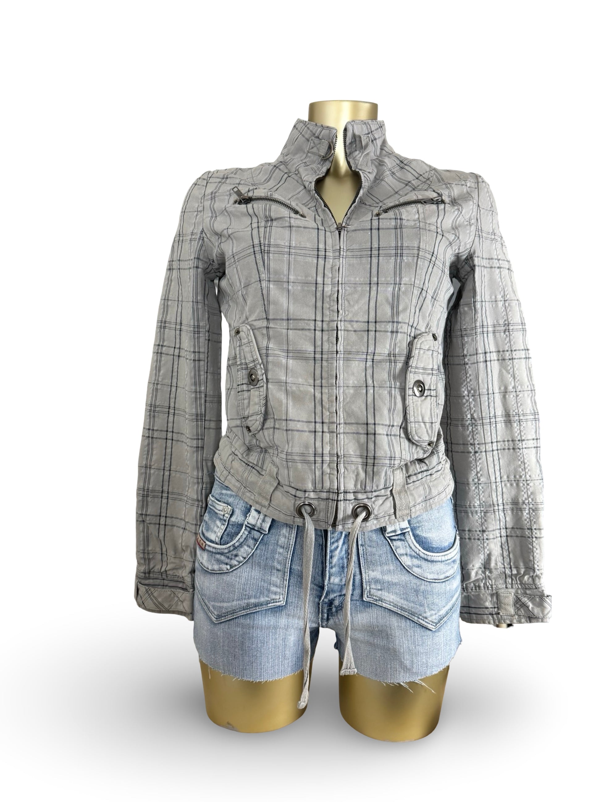 Brown check print tight fit biker jacket (S)