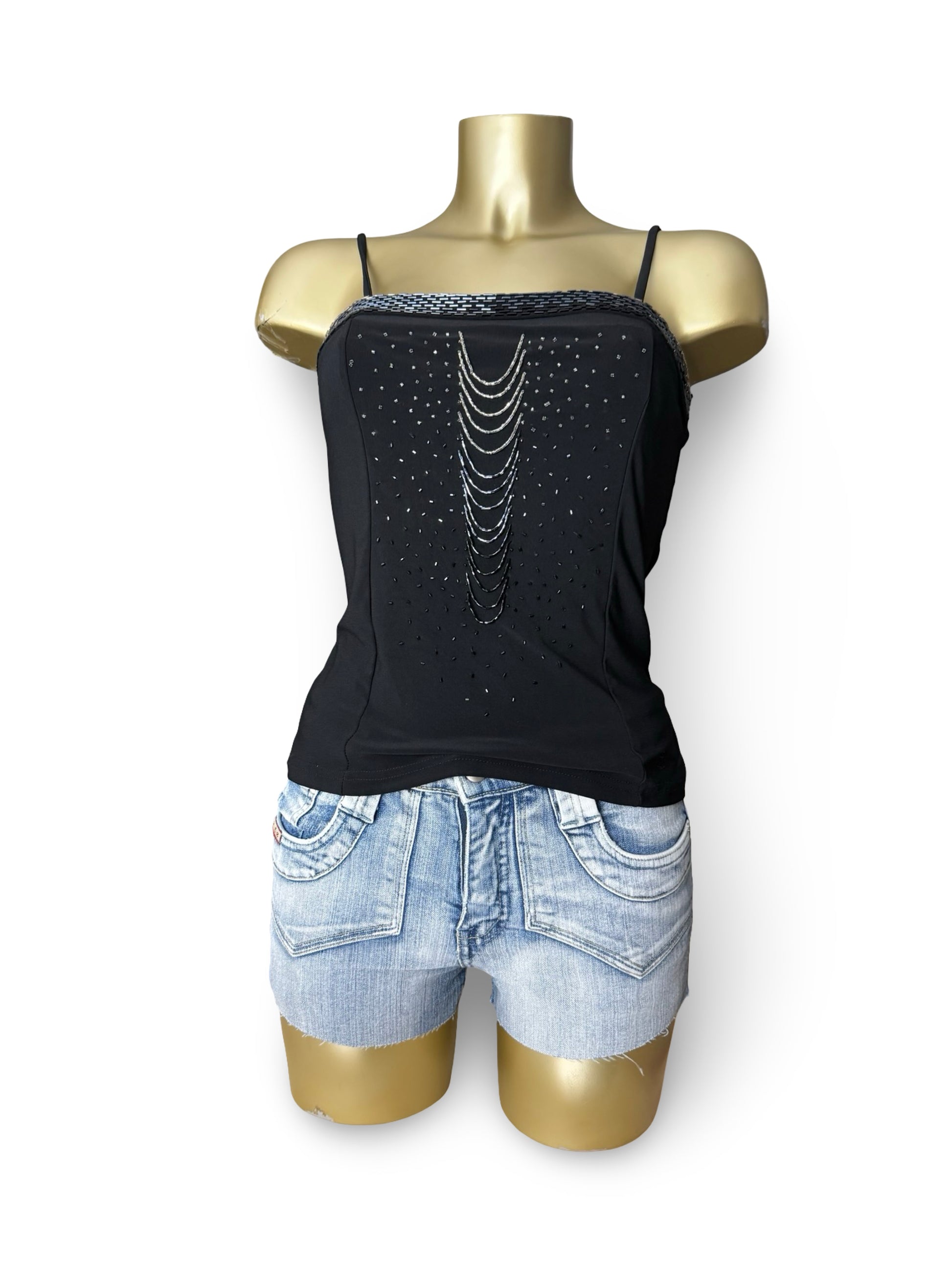 Black sequins & pearls cami top (S/M)