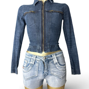 Blue denim zip up biker jacket (XS)