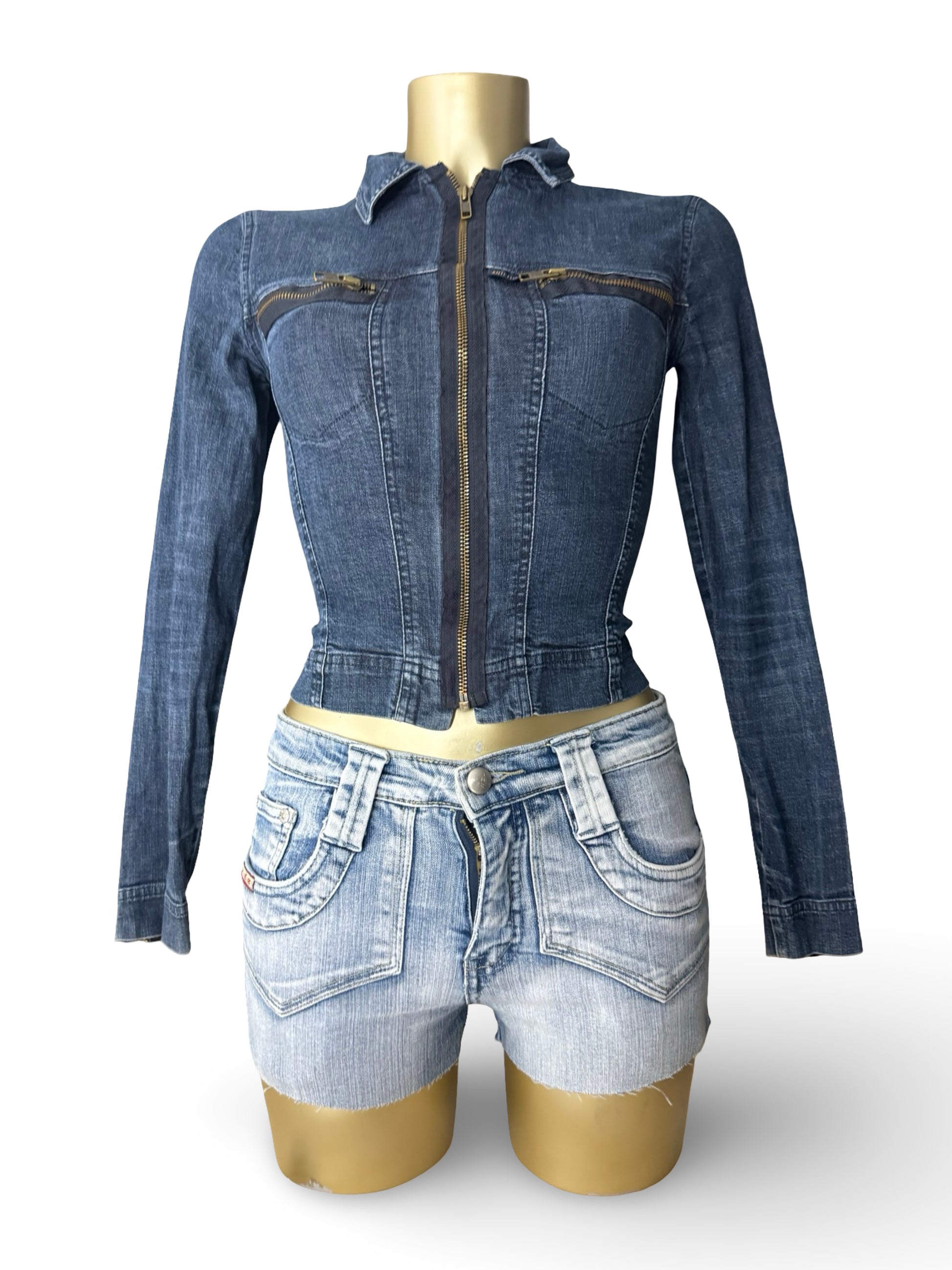 Blue denim zip up biker jacket (XS)