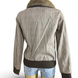 Beige check print faux fur neck biker jacket (L)