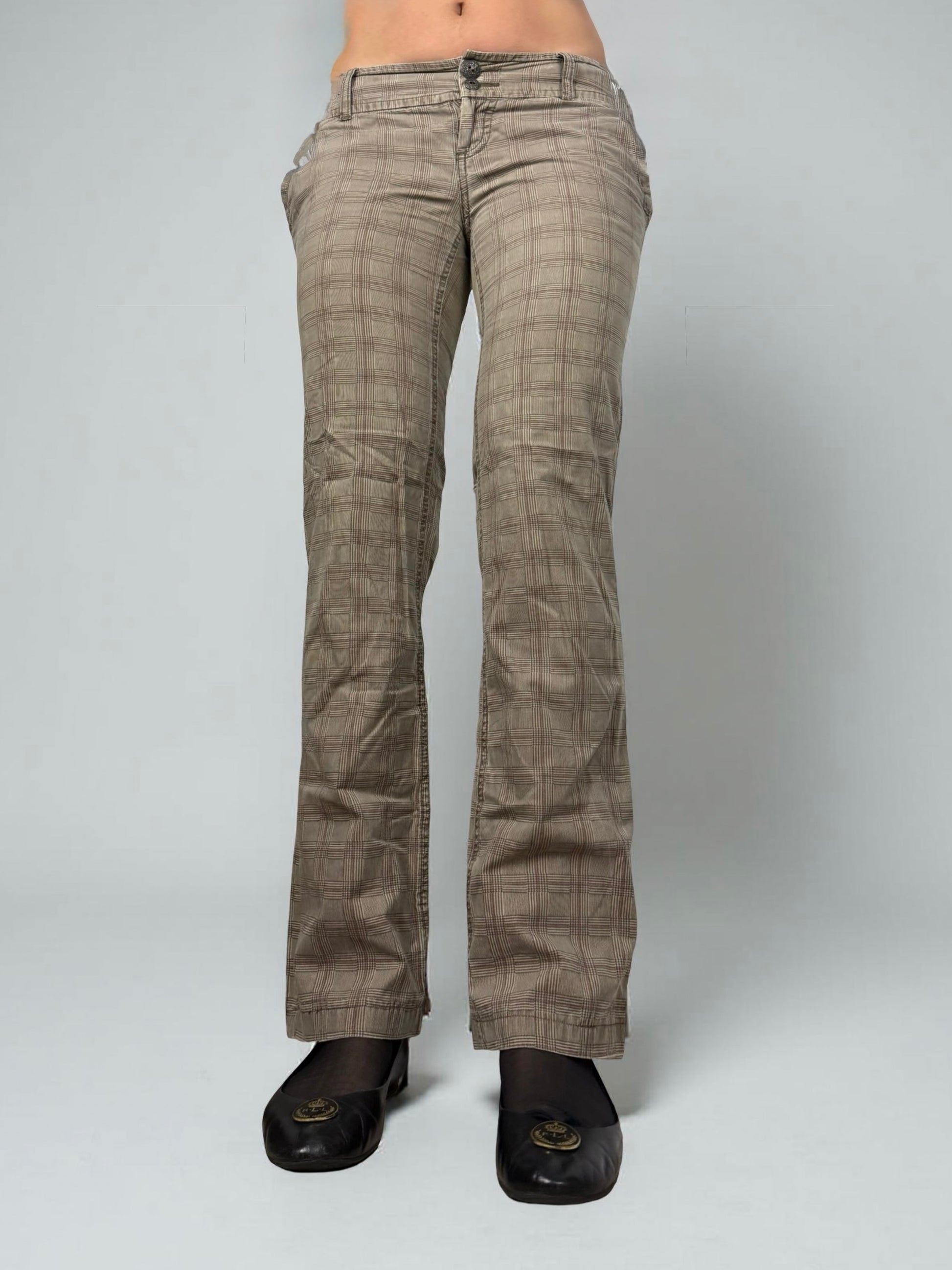 Beige check print low rise straight legs pants (S)