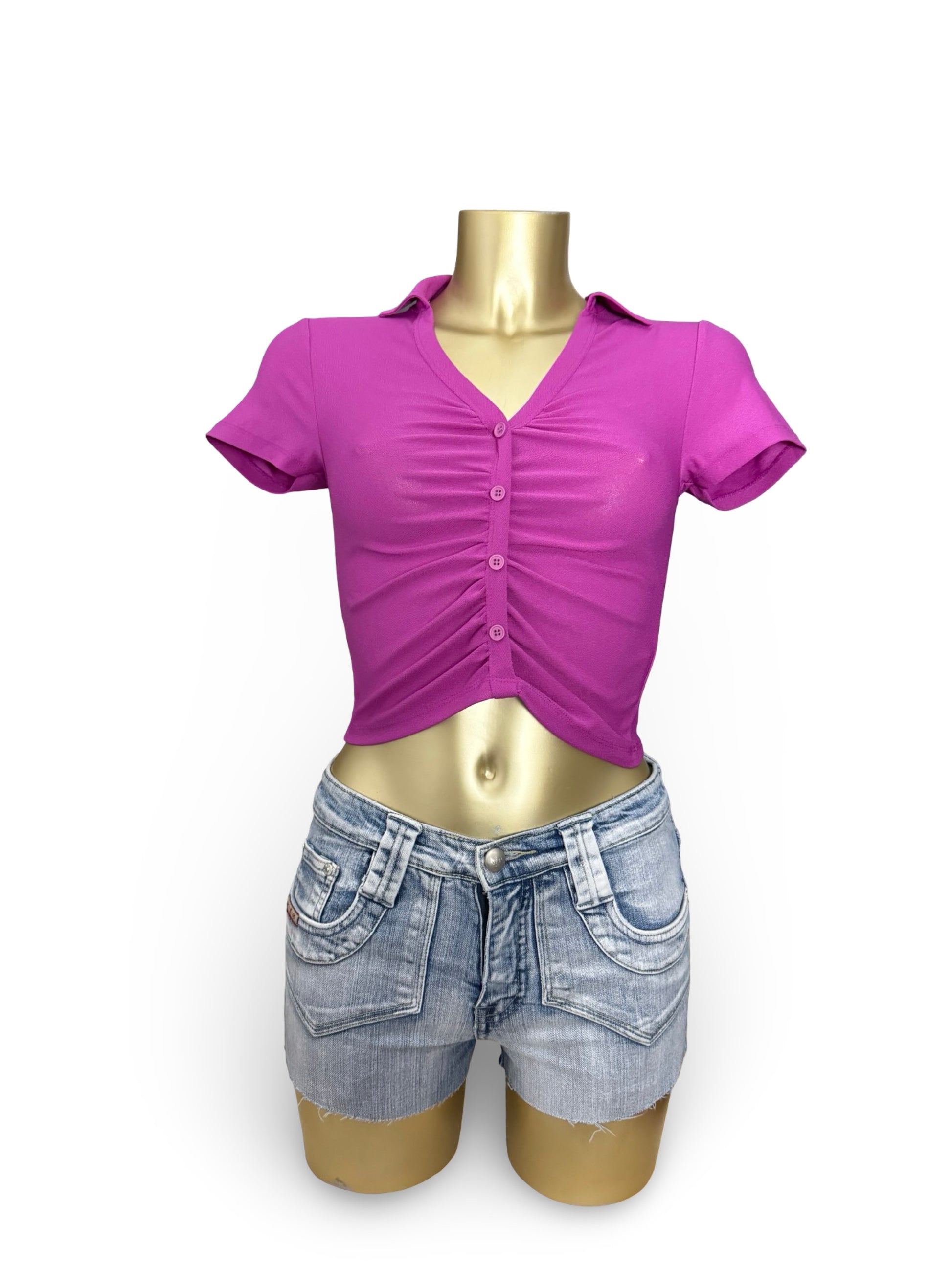 Purple ruched polo neck tee (S)