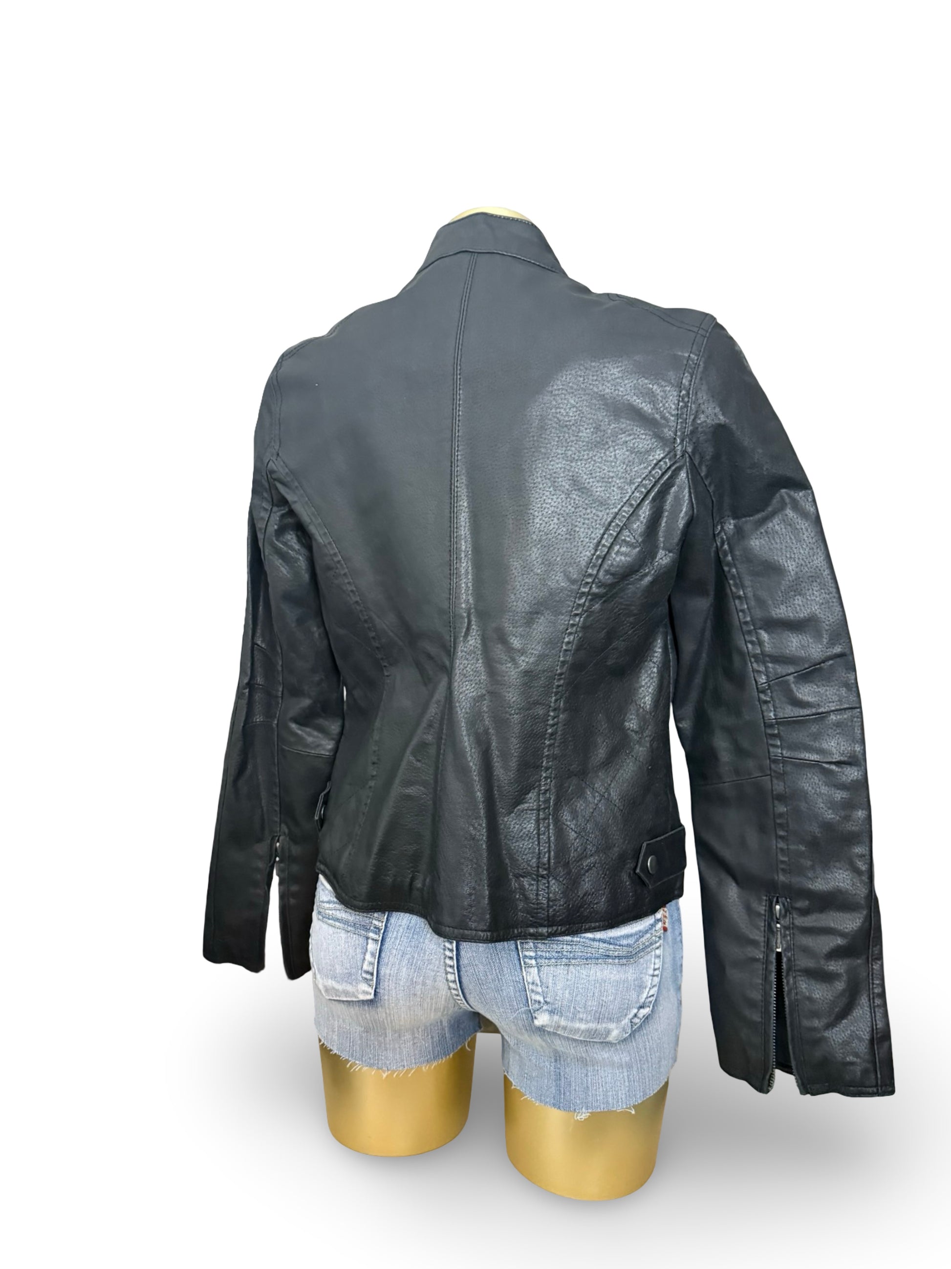 Black real leather zip up biker jacket (M)