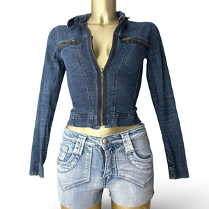 Blue denim zip up biker jacket (XS)