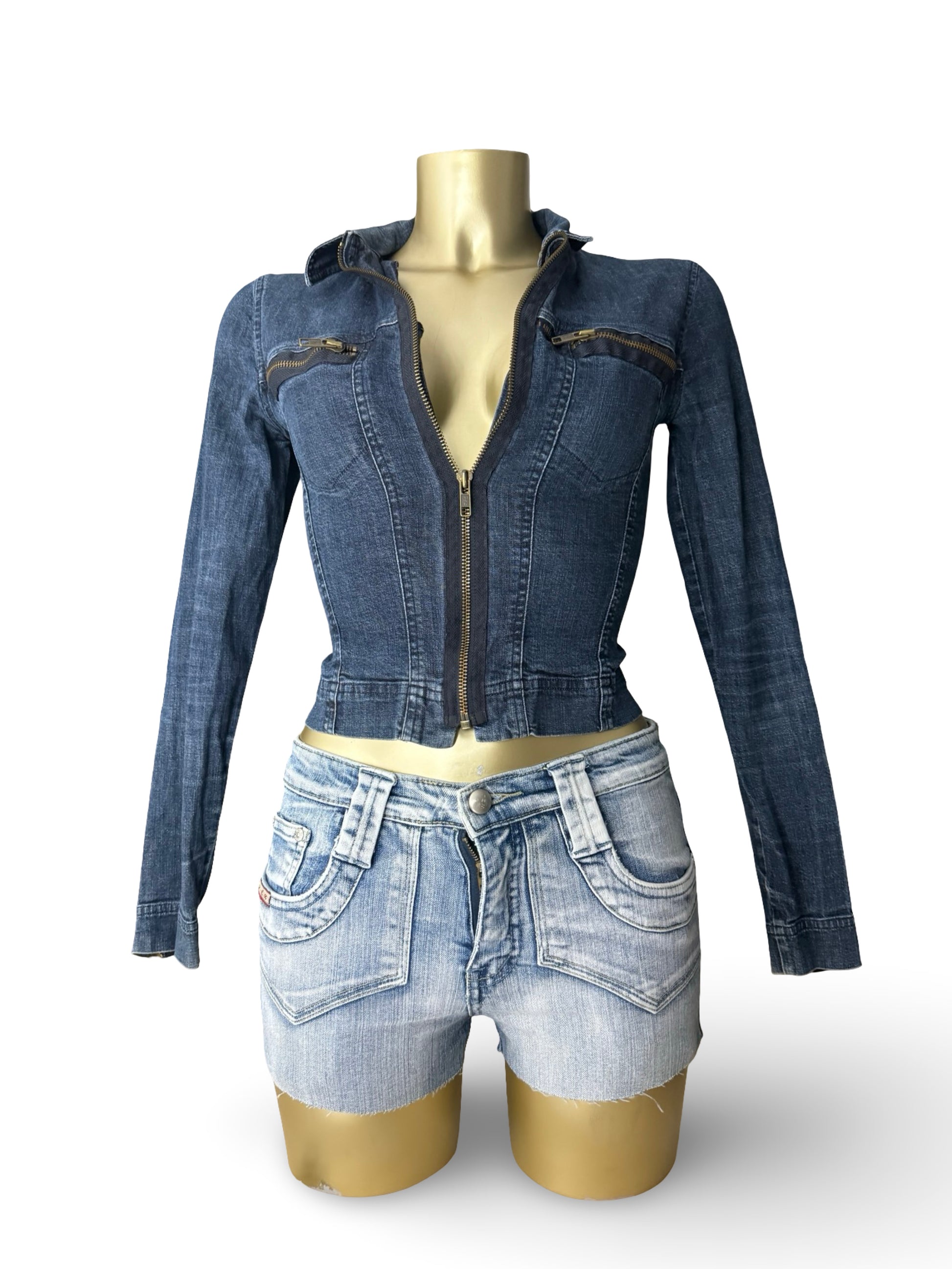 Blue denim zip up biker jacket (XS)