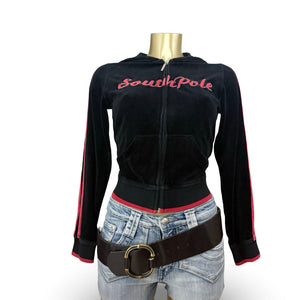 Black velvet zip up logo hoodie (S/M)