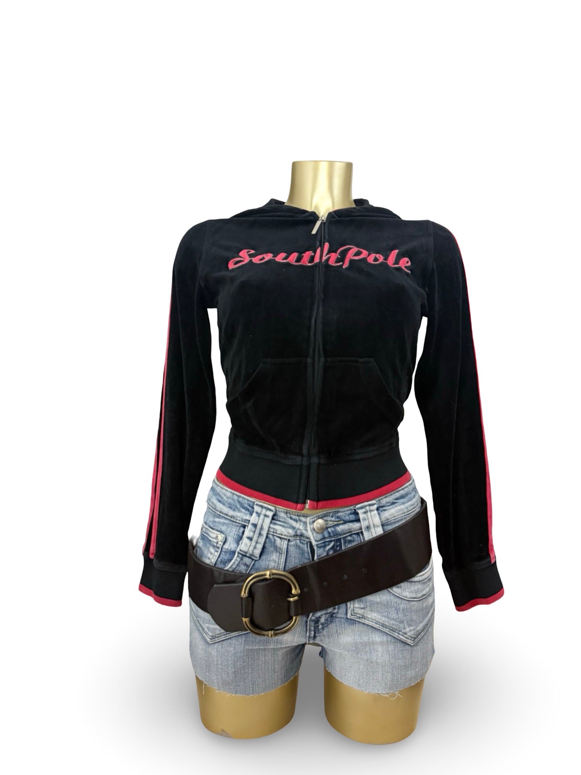 Black velvet zip up logo hoodie (S/M)