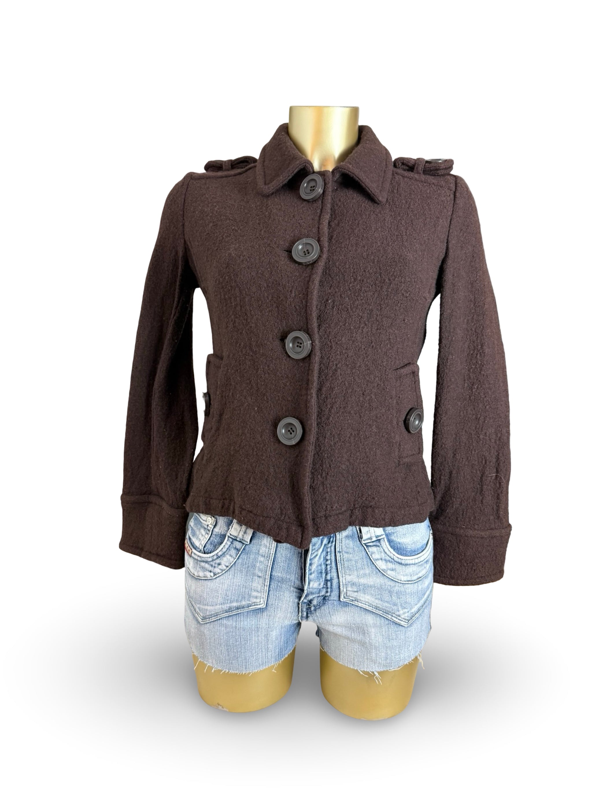 Brown wool tight fit trench caban jacket (S)
