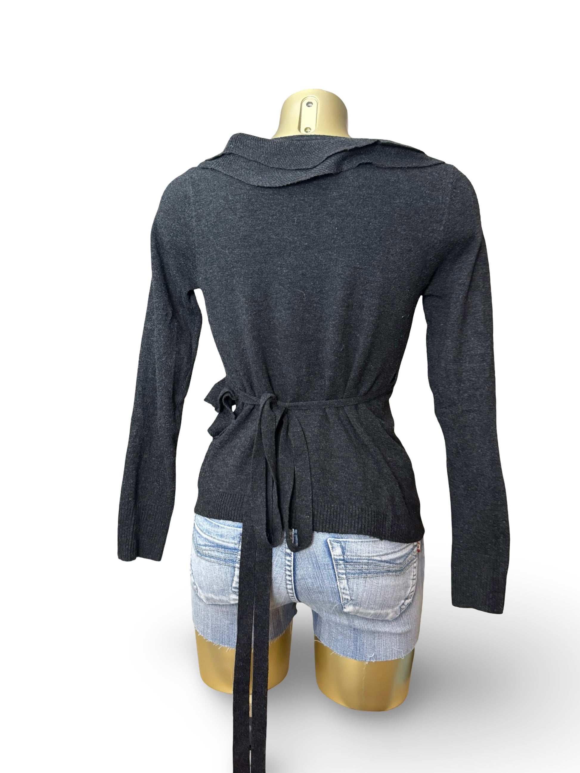 Black ruffles cashmere & silk tie up cardigan jumper (S/M)