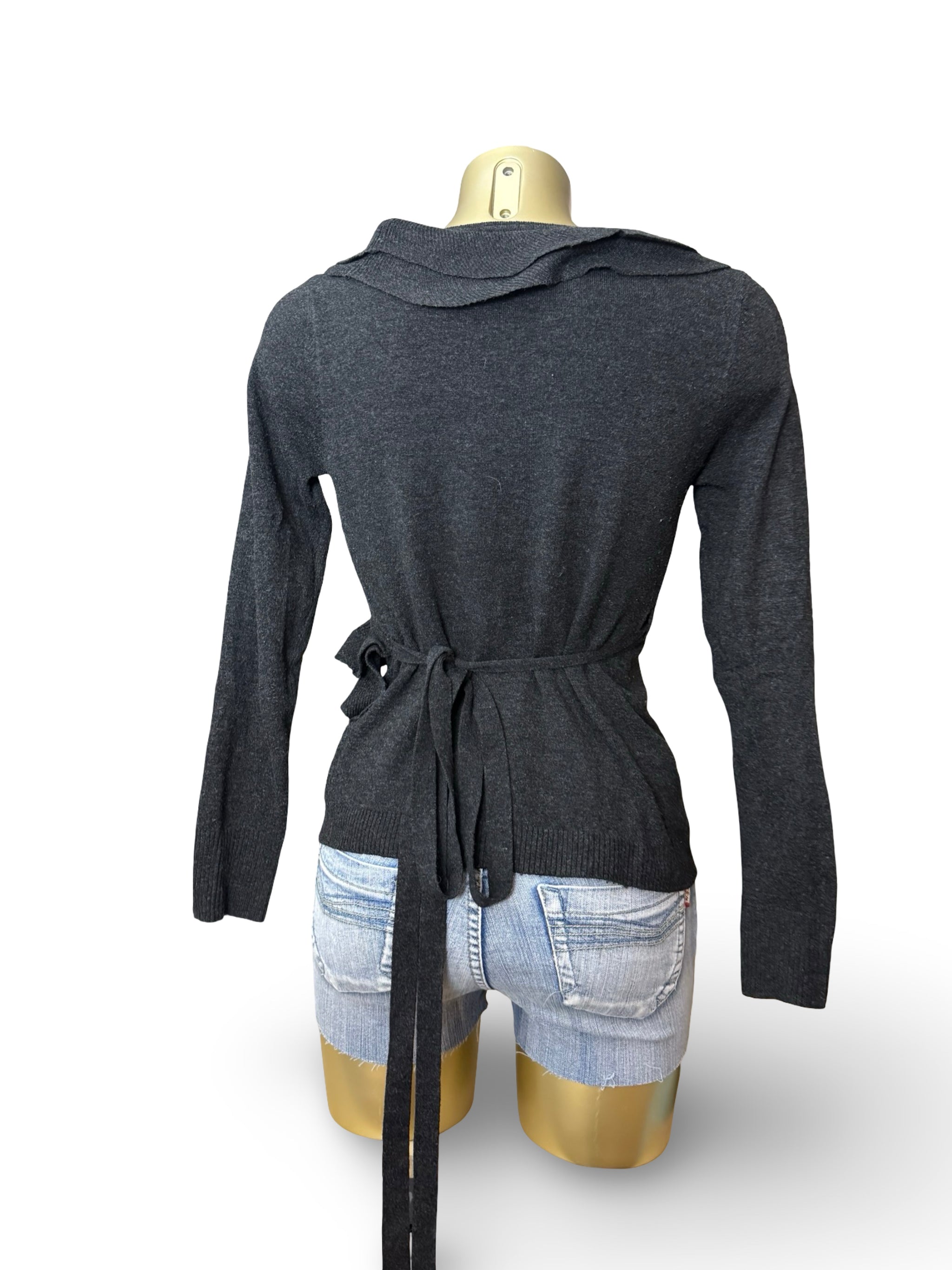 Black ruffles cashmere & silk tie up cardigan jumper (S/M)