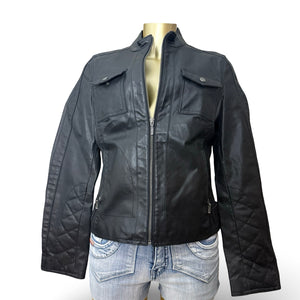 Black real leather zip up biker jacket (M)