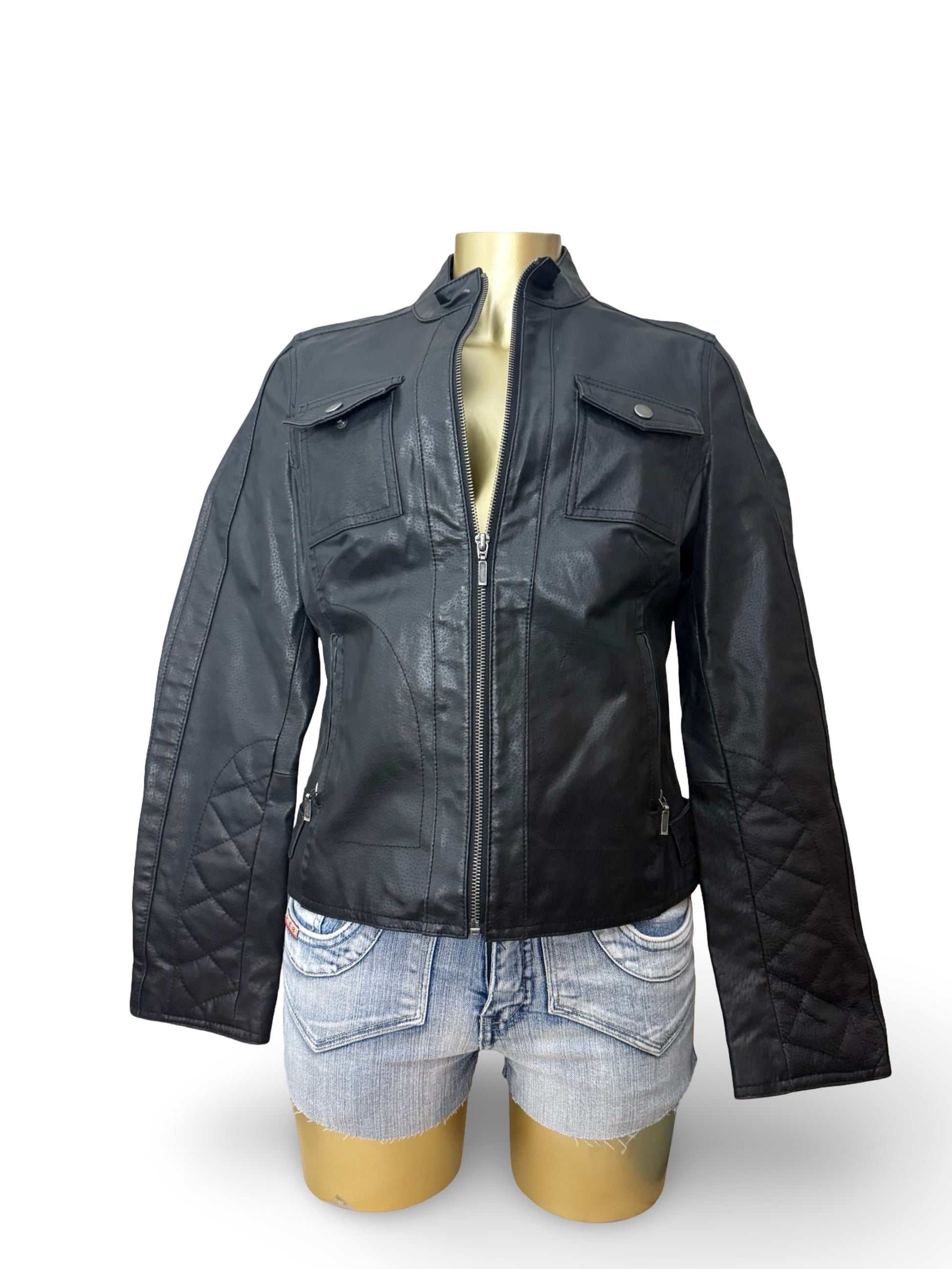 Black real leather zip up biker jacket (M)
