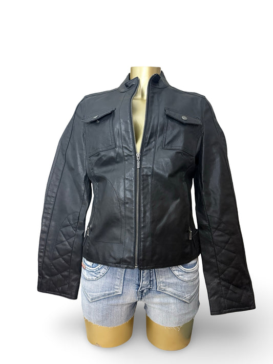 Black real leather zip up biker jacket (M)