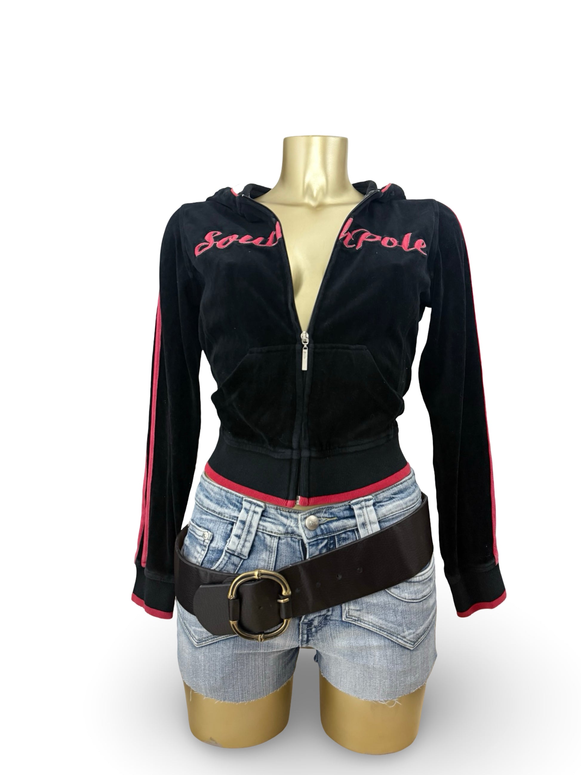 Black velvet zip up logo hoodie (S/M)