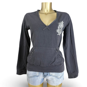 Grey V neck cotton hoodie (L)