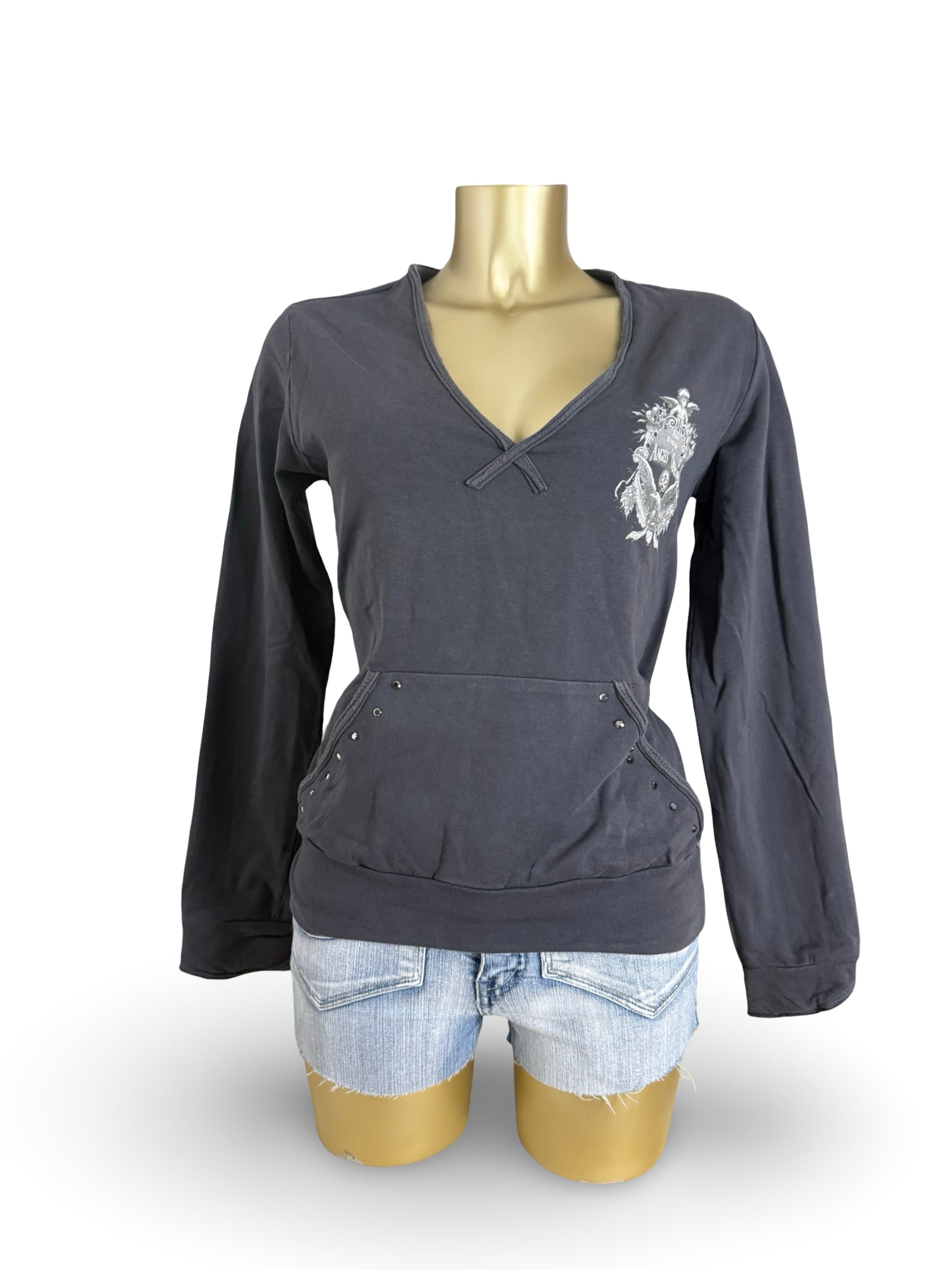 Grey V neck cotton hoodie (L)