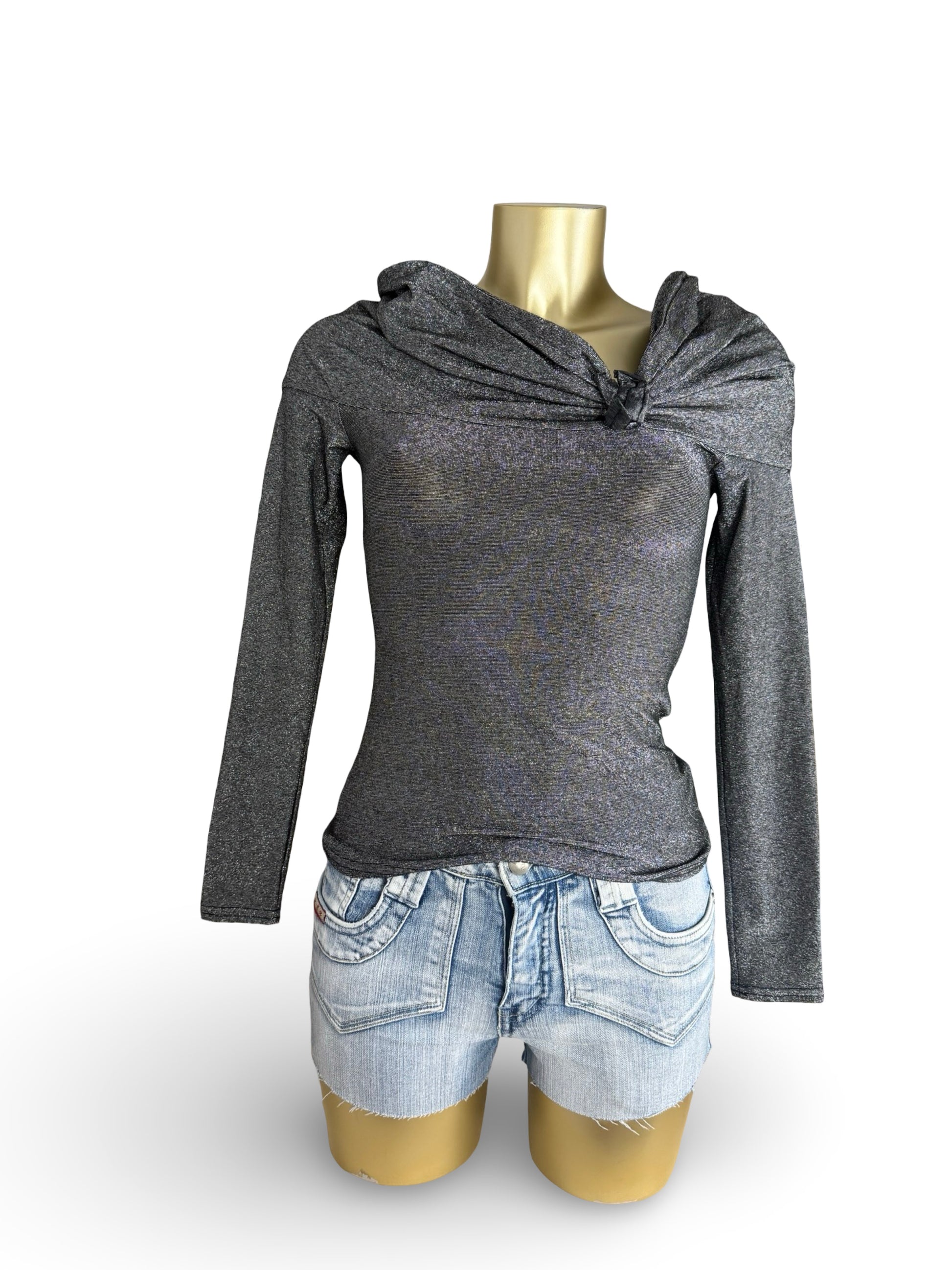 Grey silver bardot neck long sleeves top (S)