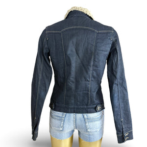Navy denim & faux fur zip up biker jacket (S/M)
