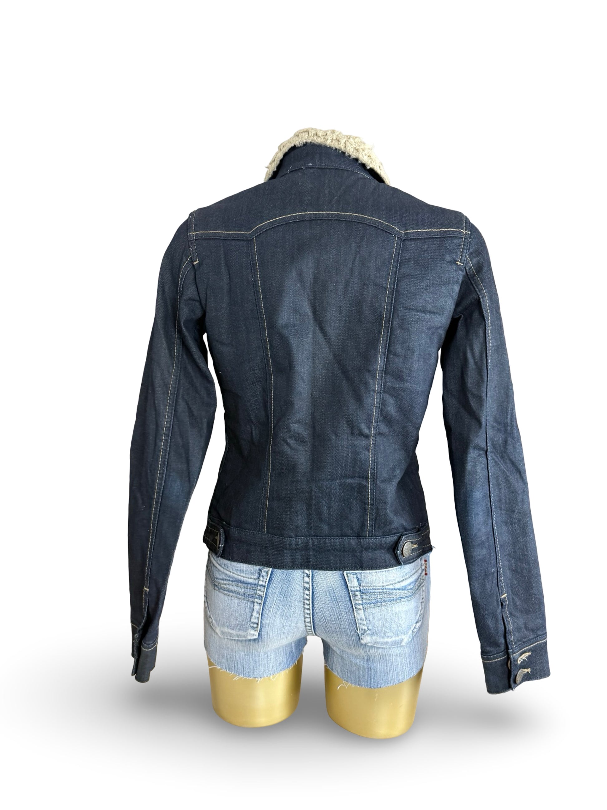 Navy denim & faux fur zip up biker jacket (S/M)