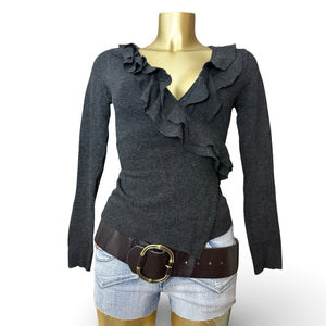 Black ruffles cashmere & silk tie up cardigan jumper (S/M)