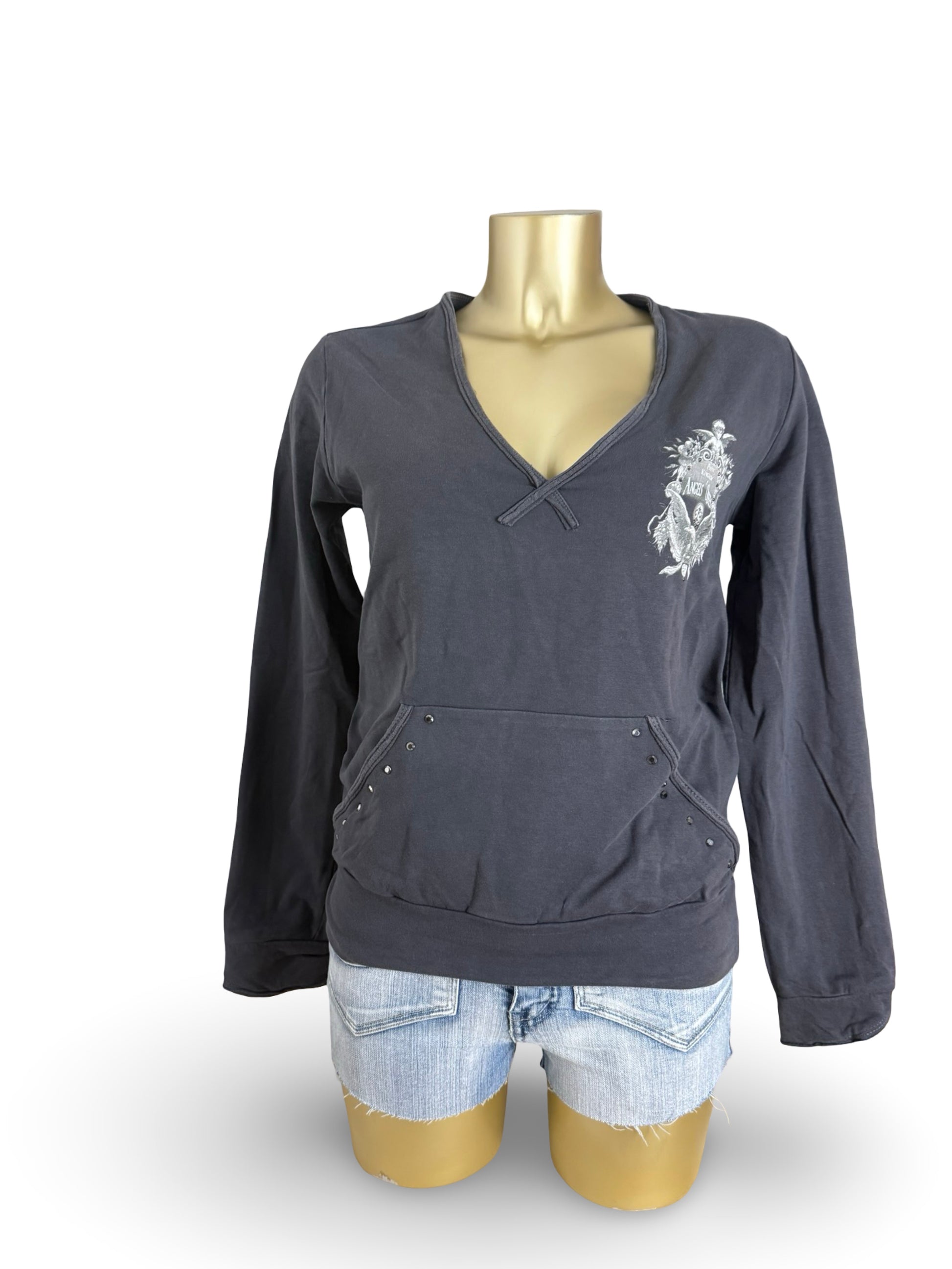 Grey V neck cotton hoodie (L)