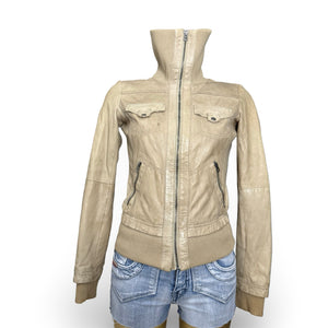 Beige real leather biker jacket (S)