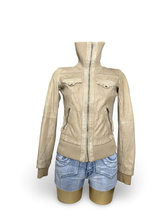 Beige real leather biker jacket (S)