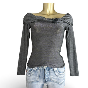 Grey silver bardot neck long sleeves top (S)