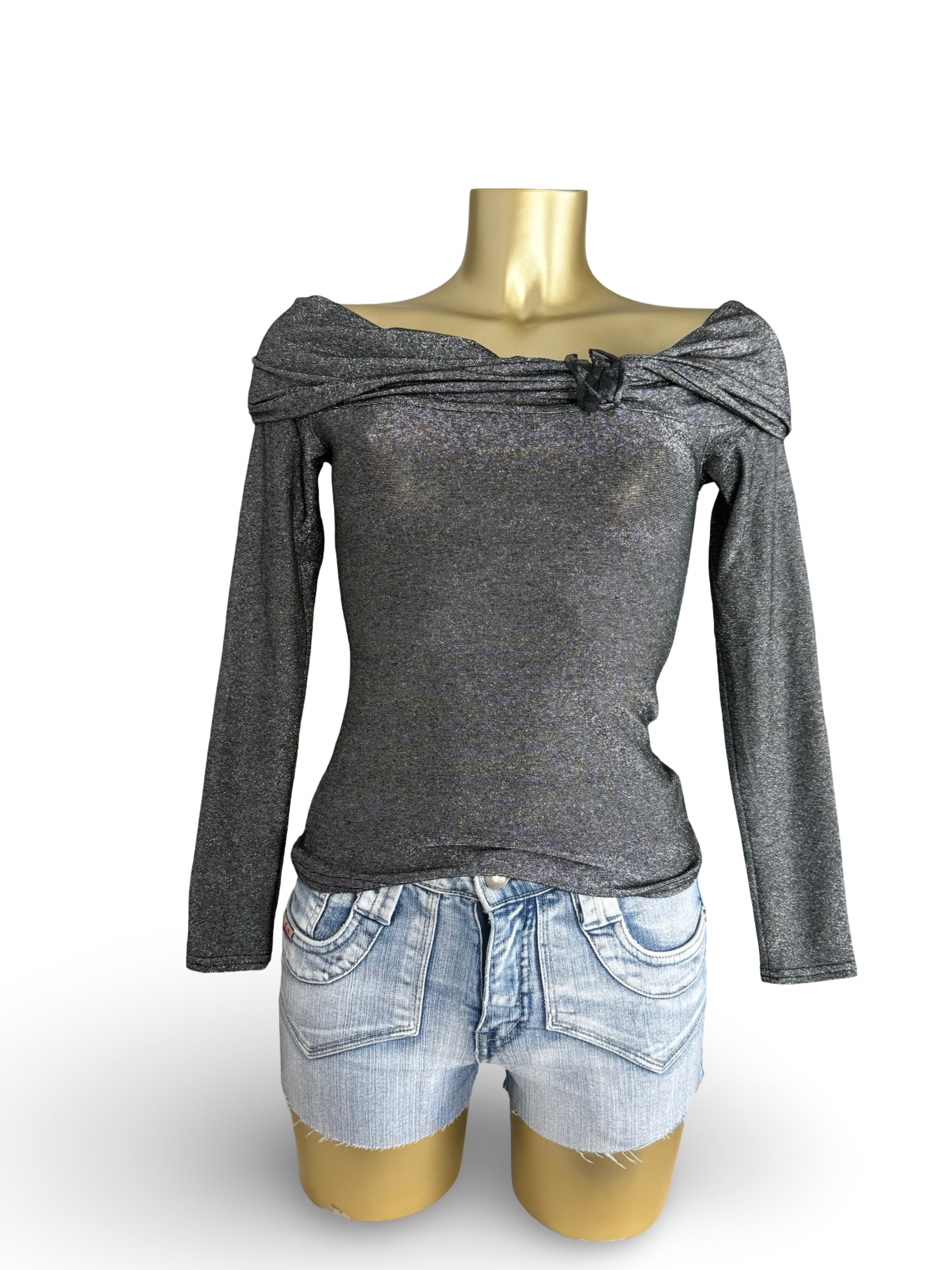 Grey silver bardot neck long sleeves top (S)