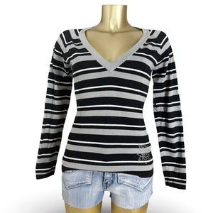 Grey striped V neck cotton jumper (L)