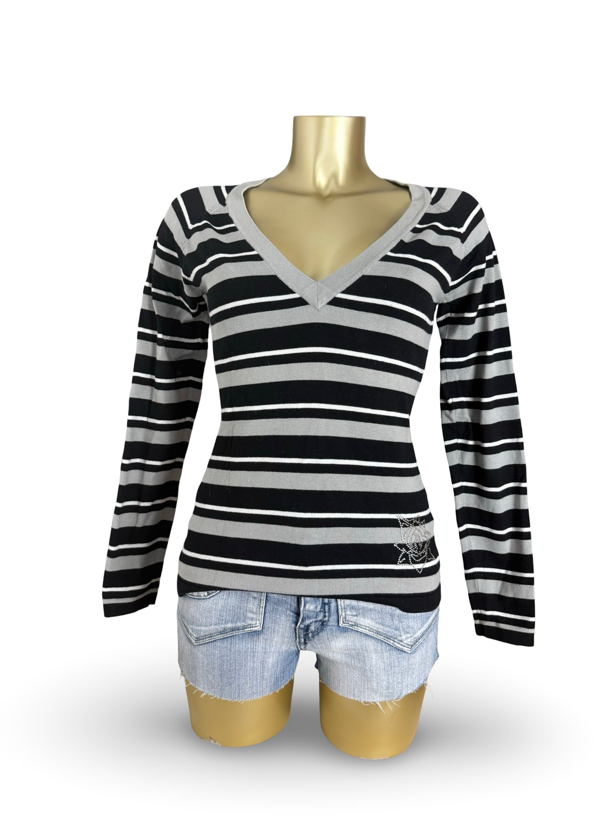 Grey striped V neck cotton jumper (L)