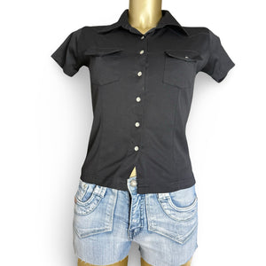 Black tight fit buttons up tee (S)