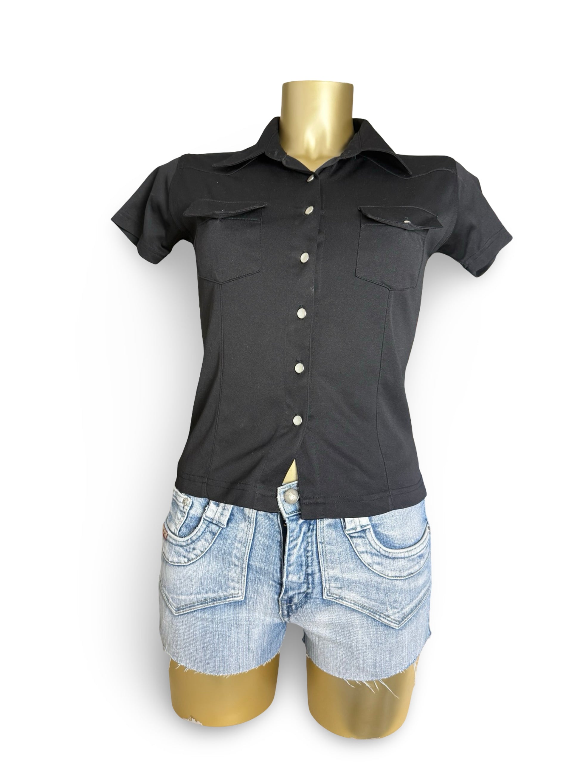 Black tight fit buttons up tee (S)